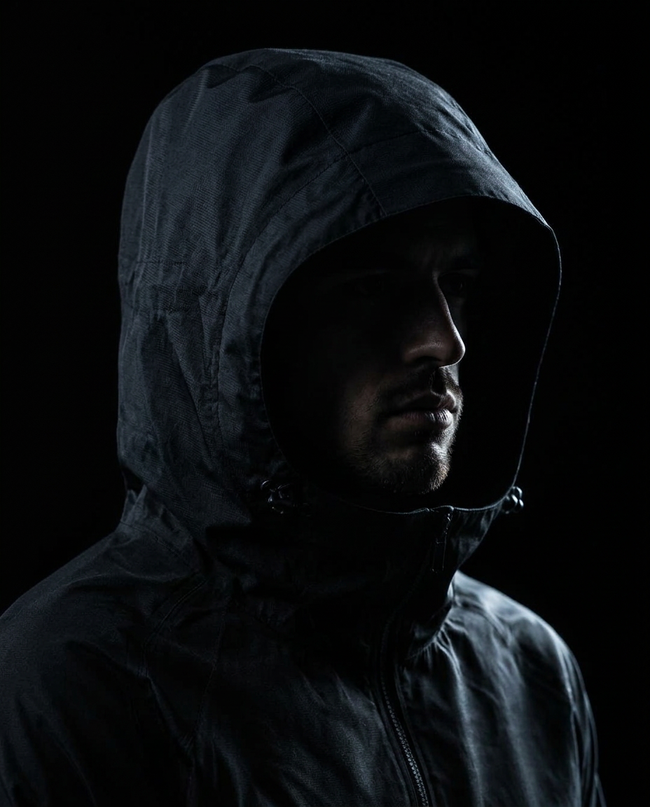Shadowed hooded portrait of Xander Mora